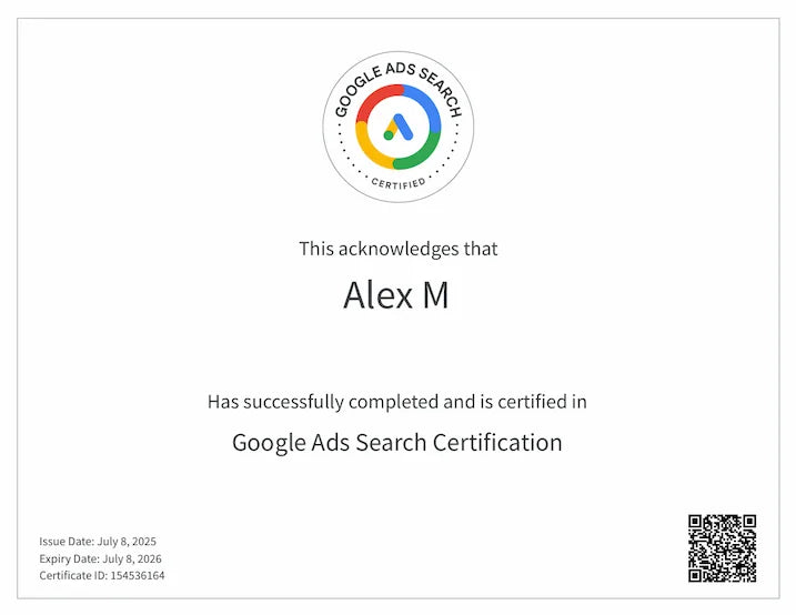 Google Ads Search Certification for Alex M, issued 8 July 2025, expires 8 July 2026, certificate ID 154536164.