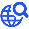 Blue icon of a globe with a magnifying glass representing precise legal keyword research for law firms across New Zealand.